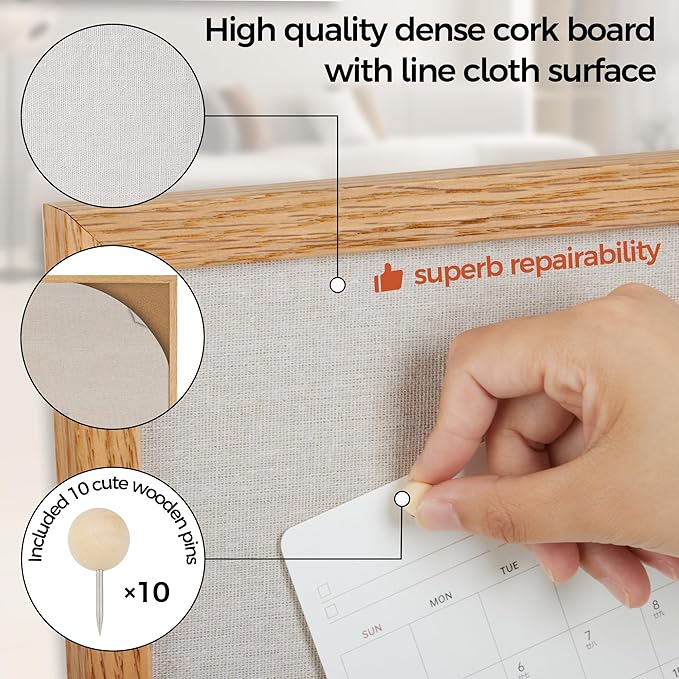 Fun Memories Cork Board Bulletin Board for Office, 24" x 36" Oak Wooden Framed Corkboard, Wall Mounted Notice Pin Board for School Home & Office, Natural Wood