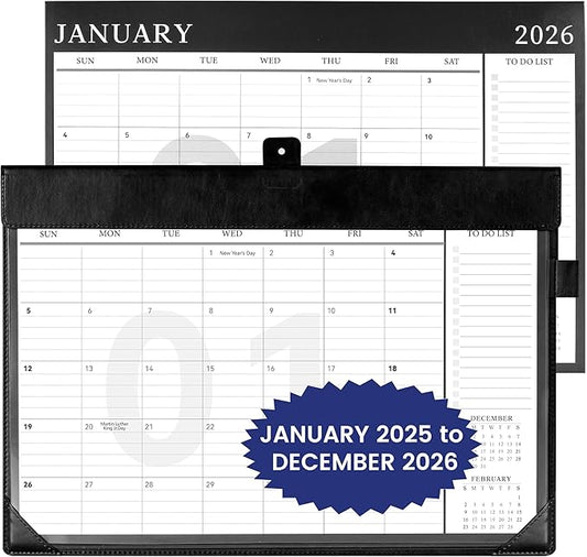 Desk Calendar 2025-2026,24 Month Wall Calendar from Jan 2025-Dec 2026, Large Desk Calendar 17" x 12" with To-Do Lists, Leather Desk Pad Calendar with PVC Cover for Home School and Office,Black