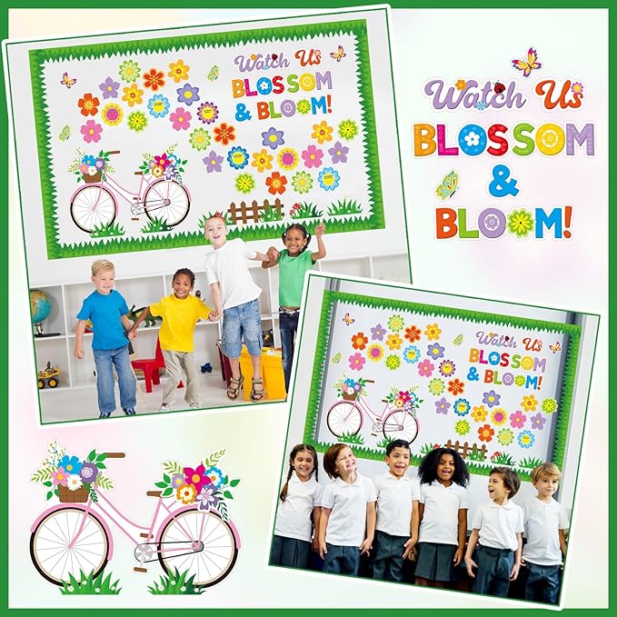 Kosiz Spring Bicycle Bulletin Board Decorations Set Flower Butterfly Bike Paper Cutouts Watch Us Blossom Bloom Classroom Decorations with Green Borders for School Chalkboard Wall Door Home