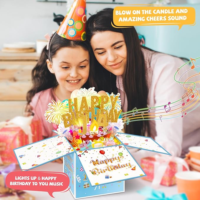 Tnvee 14TH Birthday Cards with Lights & Music & Candle, 3D Pop Up Singing Happy Birthday Greeting Cards Gfits for 14 Years Old Girl Boy Son Daughter