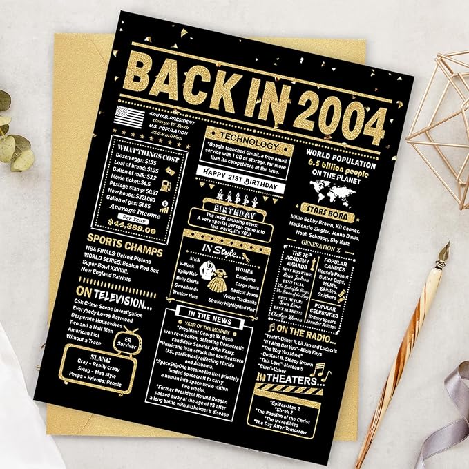 21st Birthday Card, 21st Birthday Decorations for Her Him, 21st Birthday Gifts for Daughter Son, Back in 2004 Birthday Card, Black Gold