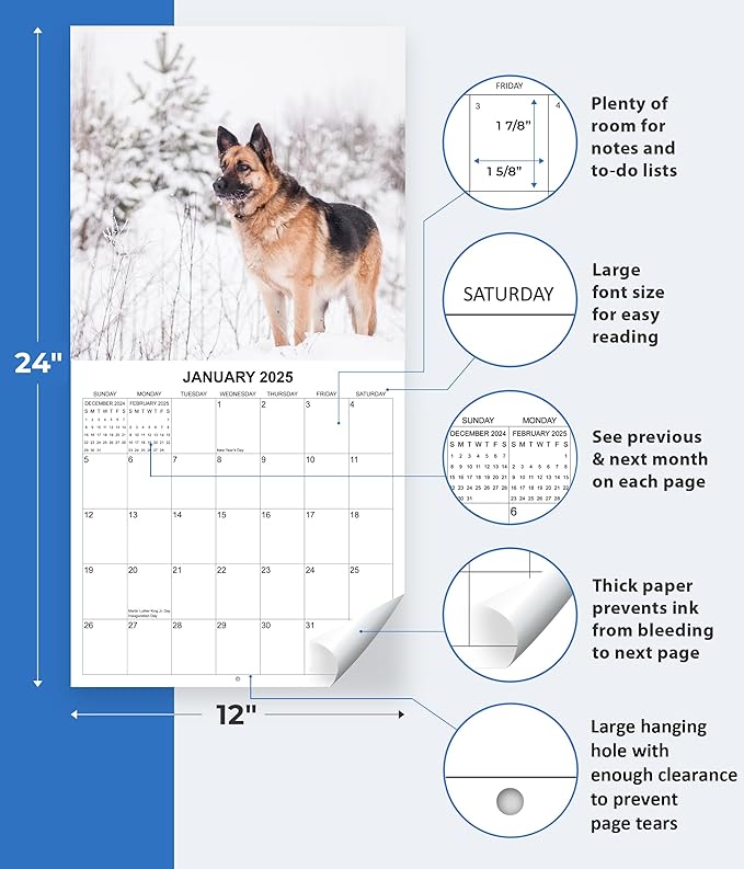 2025 German Shepherds Monthly Wall Calendar | 12" x 24" | Thick Sturdy Paper | Dog Calendar 2024-2025