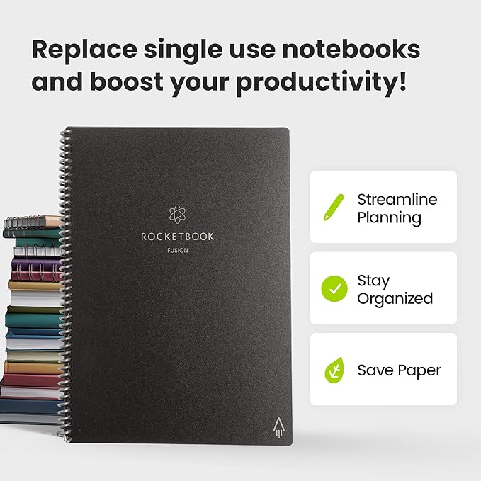 Rocketbook Fusion Reusable Undated Productivity Planner, Letter Size 8.5x11, Black - Goals, Monthly and Weekly Calendar, Daily To-do List, Lined and Dotted Notes Pages