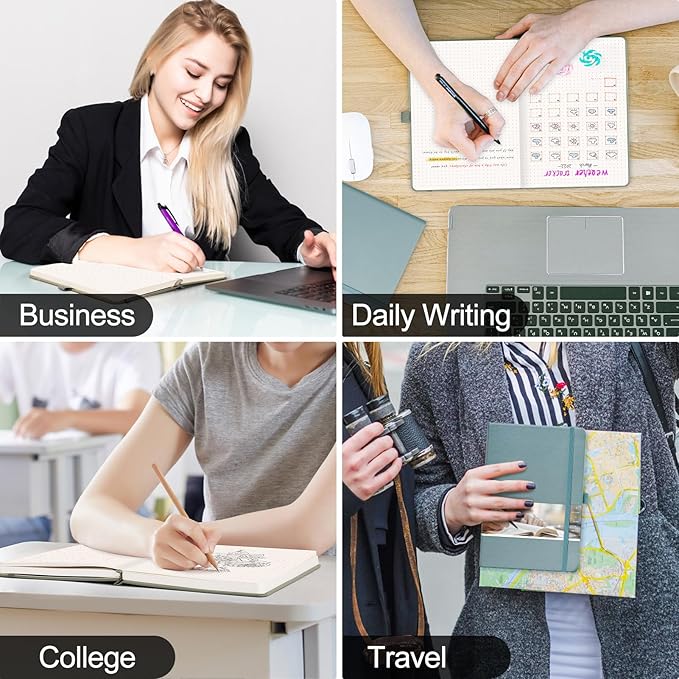 EMSHOI Dotted Notebook - 256 Pages A5 Dot Grid Journal Bullet Notebook with 120gsm Thick Dotted Paper,16 Perforated Pages, Hardcover Leather, Pen Holder, Inner Pocket, 5.75'' × 8.38''-Khaki