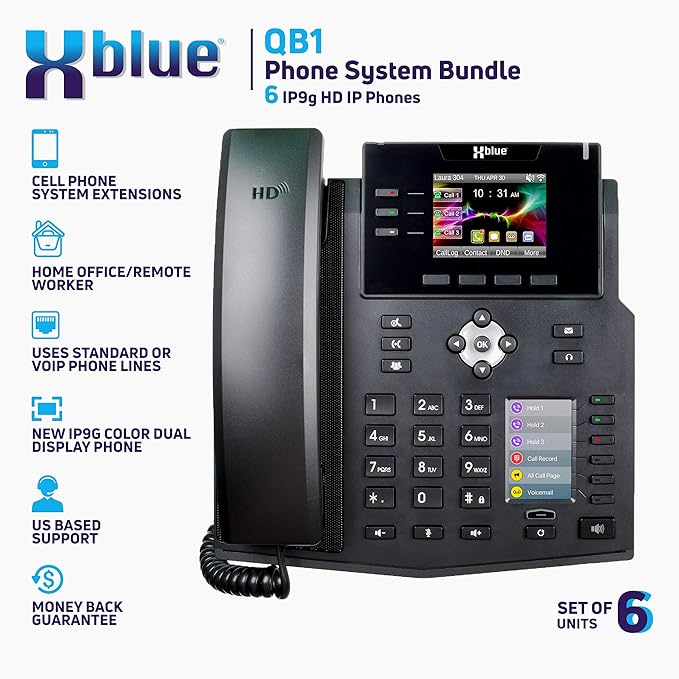 Xblue QB System Bundle with 6 IP9g IP Phones Including Auto Attendant, Voicemail, Cell & Remote Phone Extensions & Call Recording, Black, (QB1006)