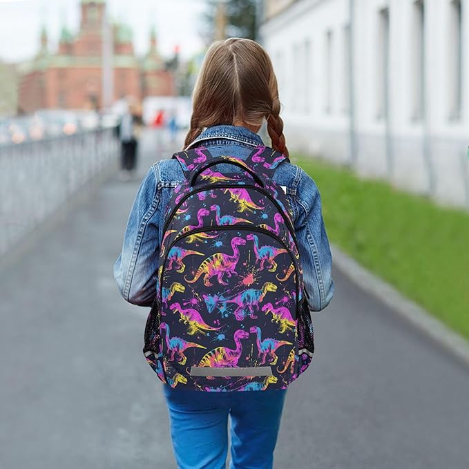 MNSRUU Laptop Backpack with Chest Strap, Neon Funny Dinosaurs School Backpack, Travel Hiking Backpack for Boys Girls Teen Adult, Rucksack, Knapsack