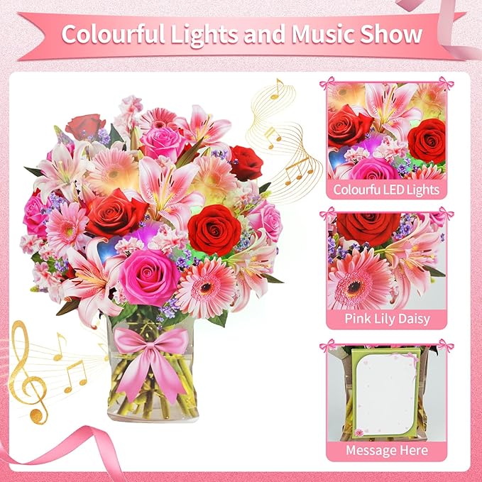 XTF2015 Paper Pop Up Bouquet Birthday Cards, Mother's Day Flower Cards, Anniversary Greeting Cards Flower Bouquet Card with Music and Lights Pink Lily Daisy, Holiday Mother's Day Birthday Decoration Gift Card