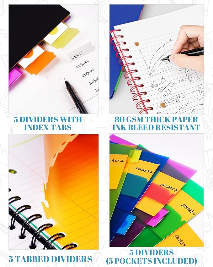 5 Subject Notebook - Spiral Notebook, College Ruled Notebook With Dividers Pocket, Tabs, 11" Ruler, 200 Pages, for Writing Journal, Home & Office, School Supplies, 8.5''x11'' Violet