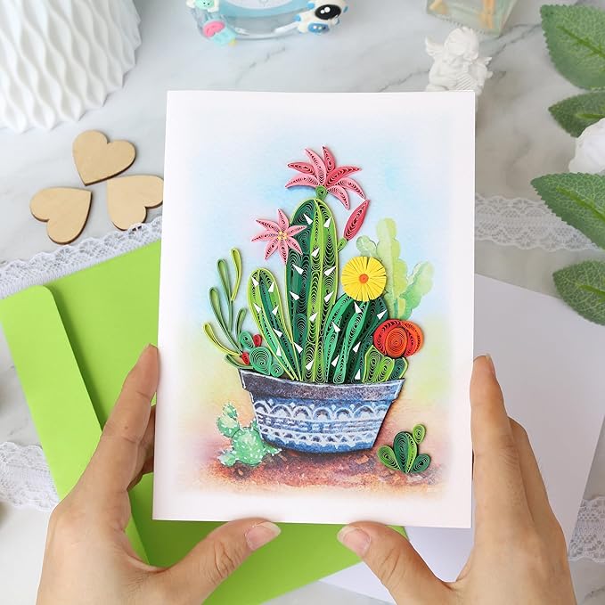 KingKraft Cactus Quilling Card, Handcrafted Greeting Card for All Occasions, Birthday, Thinking of You, Get Well, Anniversary Card for Wife, Valentines Day, Mothers Day Card, Blank Inside