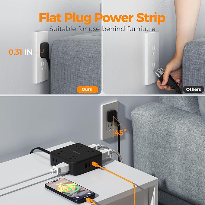 Surge Protector Power Strip, TESSAN 5 FT Black Flat Extension Cord with 8 AC Outlets 3 USB Ports (1 USB C), 900J Protection, 1875W, 3 Sided Wall Plug Extender, Desk Charging Station for Office, Dorm