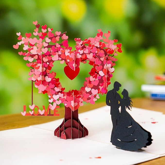 3D Romantic Pop-Up Anniversary Card for Couple, Love Tree Hearts Couple Love Pop Card for Wife or Husband, Perfect PopUp Wedding Card for Valentine's Day or Anniversary