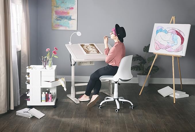 Studio Designs Vintage Drawing/Drafting Table with Pencil Ledge - 36" W x 24" D - Coastal Whitewash - Adjustable Tilting Top