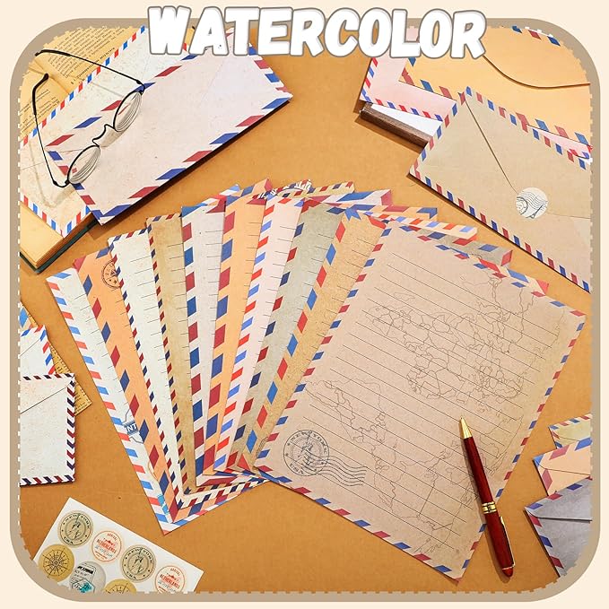 TaoBary 160 Packs Stationery Paper Set (50 Double Sided Stationery Writing Papers 50 Matching Envelopes) 60 Round Dot Sticker, 10 Design(Vintage Travel,8.5 x 11 Inch)