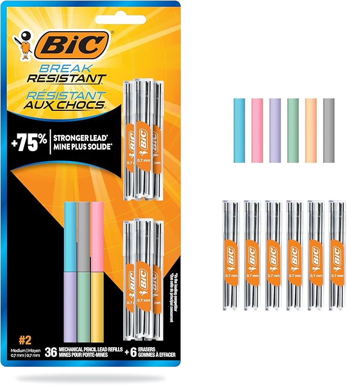 BIC Break Resistant Mechanical Pencil Lead and Eraser Refills, No. 2 Medium Point (0.7mm), 12-Count Refill Pack for School or Office Supplies