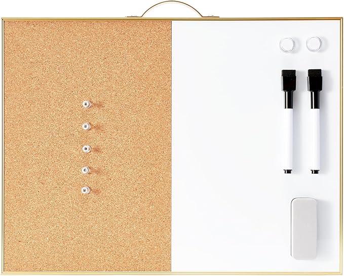 TSJ OFFICE Small Combination Board - 12" X 16" Portable Aluminum Gold Framed Magnetic Dry Erase Board for Wall, Small Bulletin Cork Board with Holder for Office, Home and School
