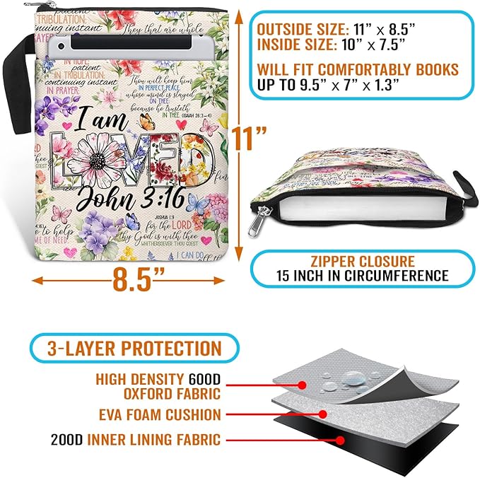 Book Cover Bag with Zipper and Front Pocket. Christian Faith Religious Gift for Book Lovers. Washable Fabric 11 X 8.5 Bible Book Sleeve Bag. Padded Protector Pouch. I am Loved.