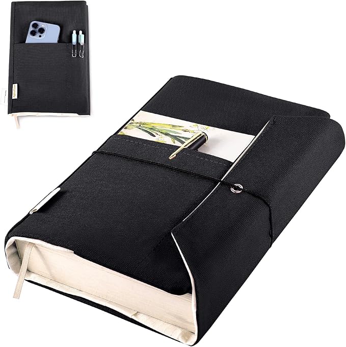 Canvas Book Cover - Washable & Adjustable Covers for Paperback & Hardcover, Pockets for Pen, Book Lovers Gift