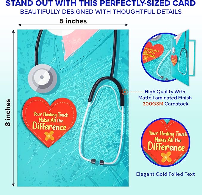 Decorably Gold Foiled 5x8in Individual Nursing Thank You Cards Set with Heart Cutout, Nurse Thank You Card Set with Envelope and Stickers, with Printed Message Inside - Nurse's Day