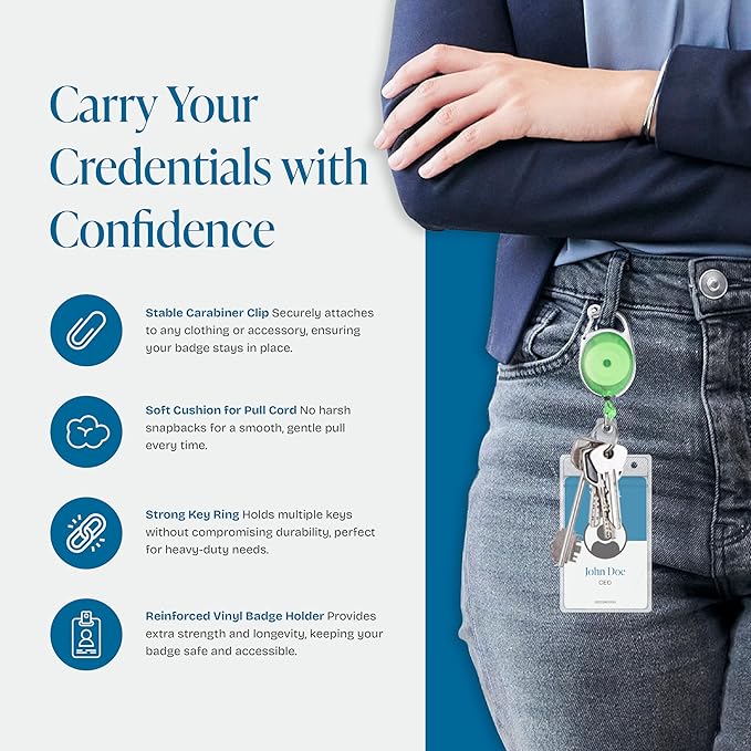 Will Well ID Badge Holders with Clip and Keyring - Vertical Clear Plastic 3.7" x 2.5" Sleeves Fit Up to 3 Cards - Retractable 24" UHMWPE Fiber Pull Cords - 2-Pack, Transparent Green Reels