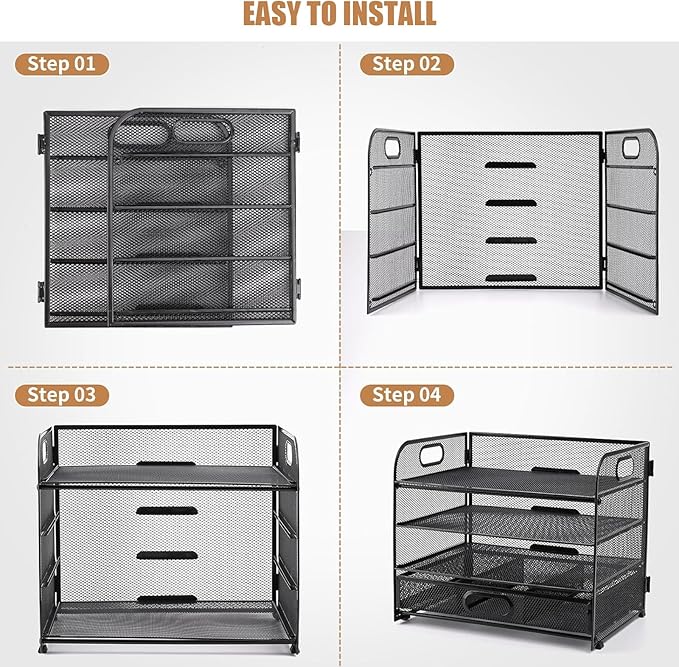 4-Tier Mesh Reader Desktop Accessory Storage,Desk File Organizer with A Sliding Drawer Two Pen Holders,Office Supplies Desk Organizer for Home Office