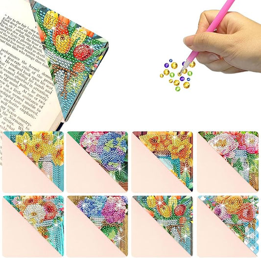 Diamond Art Painting Bookmarks,8Pcs DIY Cute Diamond Art Kits for Adults, Corner Bookmarks Small Crafts Kit for Women Book Lovers (Vase Flower)