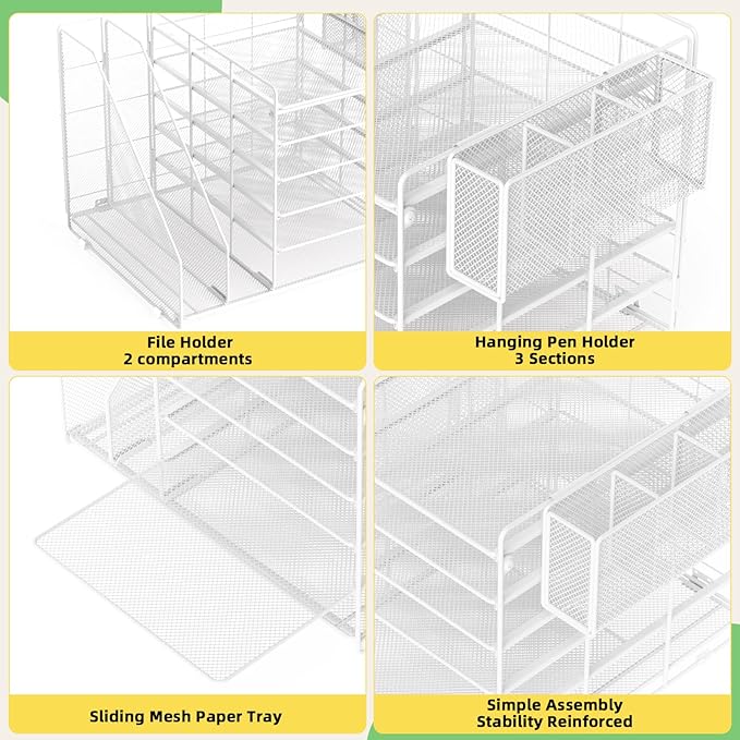 Desk Organizer, 6 Tier File Organizer Paper Tray with File Holder Pen Holder, Mesh Office Desk Accessories & Workspace Organizers (White)