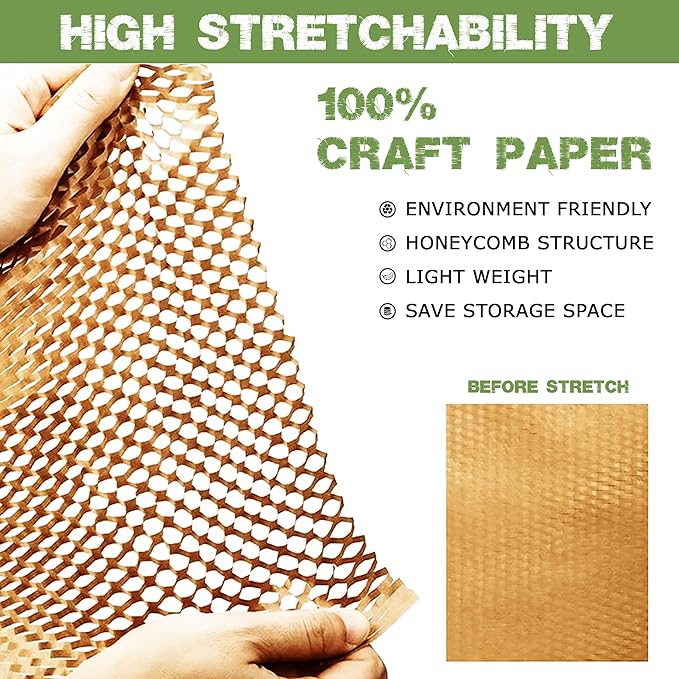 Honeycomb Packing Paper 15 Inch x 135 Feet with 30 Fragile Stickers – Eco-Friendly Honeycomb Wrap for Packing Fragile Items – Recyclable Protective Wrapping Roll for Moving, Shipping, & Storage