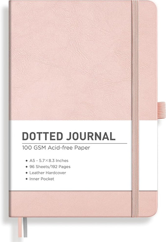 RETTACY Bullet Dotted Journal, A5 Dotted Notebook Journal with 192 Pages, 5.7'' × 8.3'', Medium Size, 100 GSM Thick Paper, Leather Hardcover, Bullet Journaling, Planning (Rose Gold)