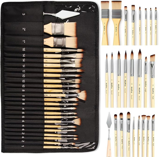 Nicpro 26pcs Paint Brush Set, Professional Paintbrushes with Palette Knife and Cloth Roll, Artist Paint Brushes for Acrylic Painting, Oil, Watercolor & Gouache, Adults Kids Art Painting Tools Supplies