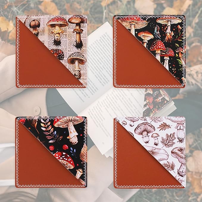 4 Pieces Leather Bookmarks, Cute Book Accessories for Reading Lovers, Page Markers for Women Men Kids Students Teachers Retirement Birthday Gift (Mushroom)