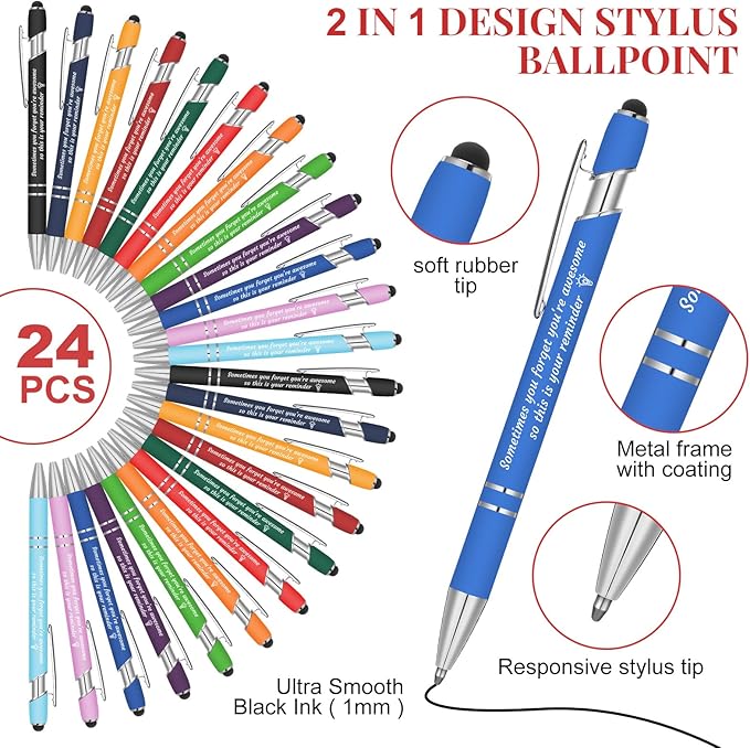 Colarr 24 Pcs Employee Appreciation Pen Ballpoint with Stylus Tip Pen 1.0 mm Black Ink Multicolor Smooth Motivational 2 in 1 Ballpoint Supplies for Coworker Thank You Gift (You're Awesome)