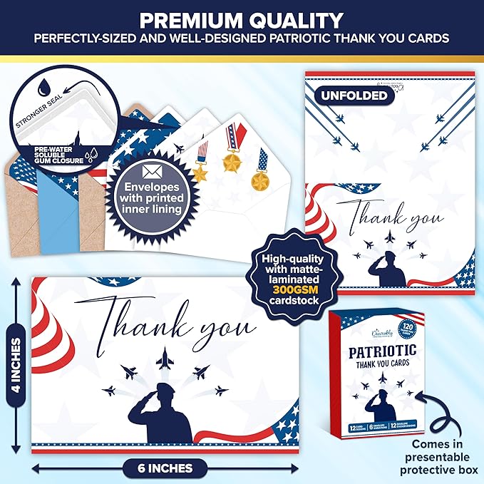 Decorably 120 Pack 6x4in Veterans Day Cards Bulk with Envelopes and Stickers, 12 Designs Military Thank You for Your Service Cards, Patriotic Thank You Cards Blank Inside