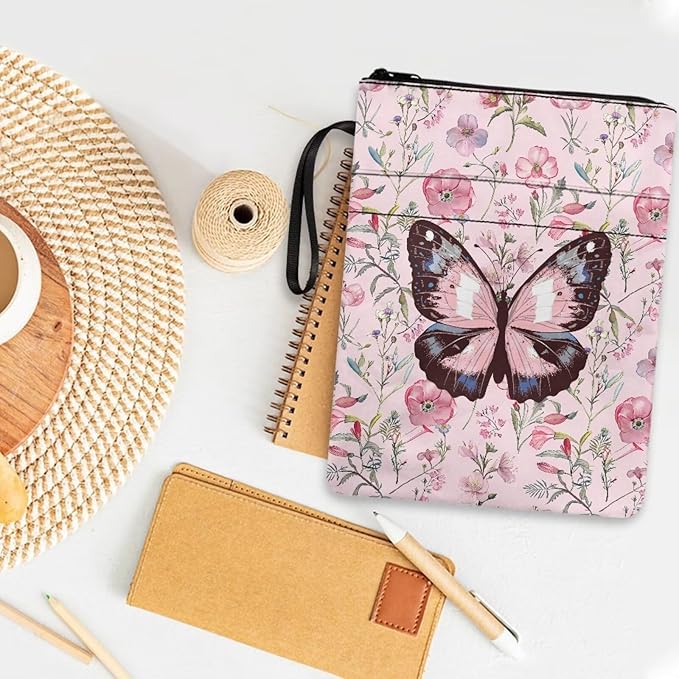 COEQINE Pink Butterfly Book Sleeve with Zipper Portable 9x11 Inch Portable Book Covers Hardcover Paperback Book Lovers with Front Pocket