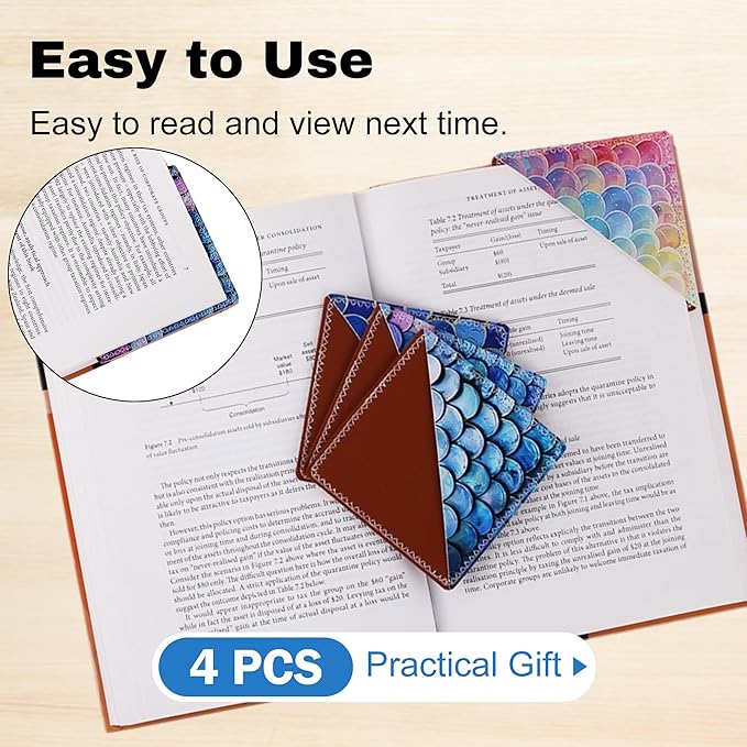 4 Pieces Leather Bookmarks, Cute Book Accessories for Reading Lovers, Page Markers for Women Men Kids Students Teachers Retirement Birthday Gift (Mermaid Scale)