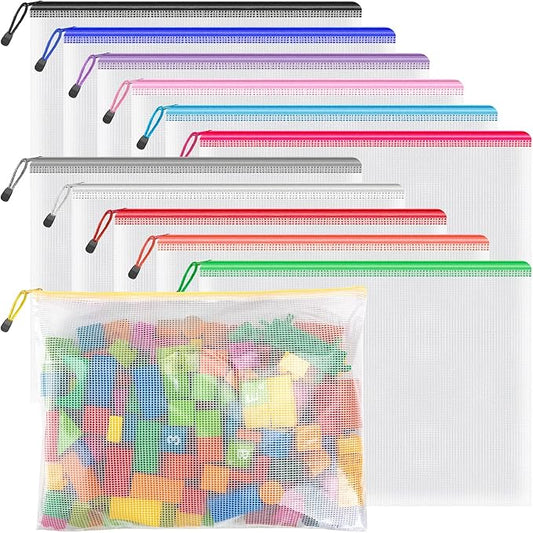 Umriox Mesh Zipper Pouch, 14.9x11.0 in (12 Colors, 12 Packs), Extra Large Zipper Bags, Waterproof Zipper Pouches for Office Supplies, Puzzles, Board Game Storage & Cross Stitch Projects