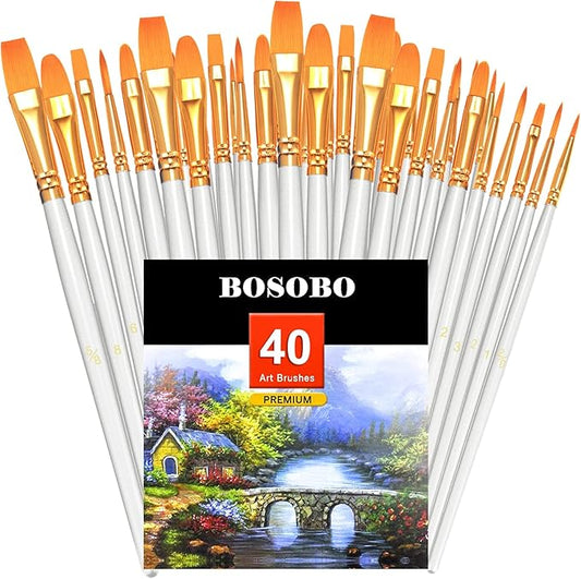 BOSOBO Paint Brushes Set, 4 Pack 40 Pcs Round Pointed Tip Paintbrushes Nylon Hair Artist Acrylic Paint Brushes for Acrylic Oil Watercolor, Face Nail Art, Miniature Detailing & Rock Painting, White