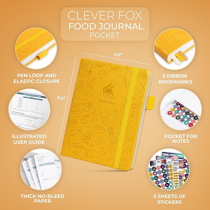 Clever Fox Food Journal Pocket - Daily Food Diary, Meal Planner to Track Calories & Nutrients, Weight Loss Tracker Notebook, 4x5.5” (Amber Yellow)