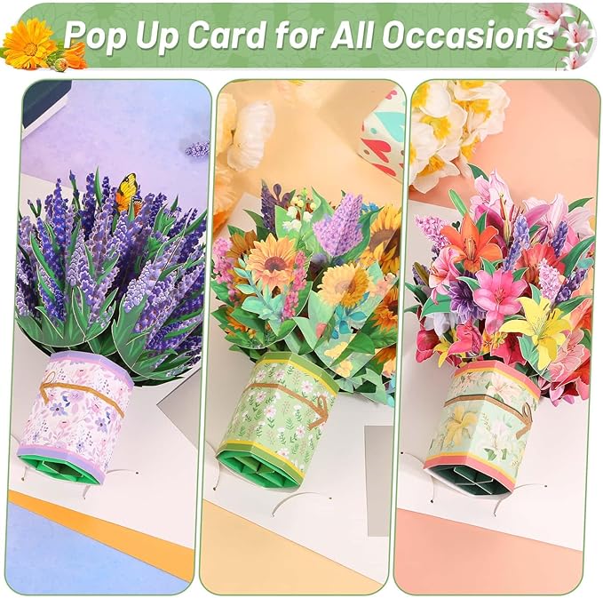 3 Pack Paper Flower Pop Up Cards, Flower Bouquet Card Popup 3D Greeting Cards for Mother's Day, Graduation, Anniversary, Birthday, Congratulations, Get Well, Home Decor, with Envelope
