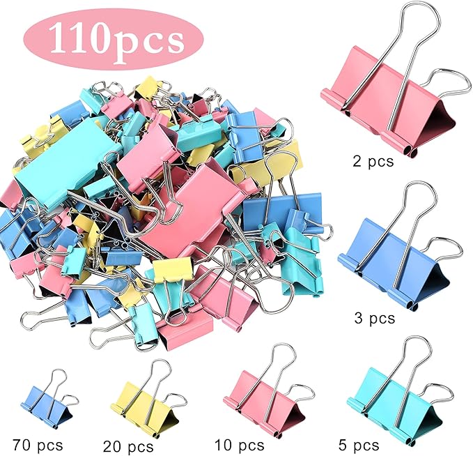 SANNIX 110 PCS Colored Binder Clips, X Large, Large, Medium, Small, Mini and Micro, Colorful Binder Clips Assorted Sizes Clips for Office Home School Supplies