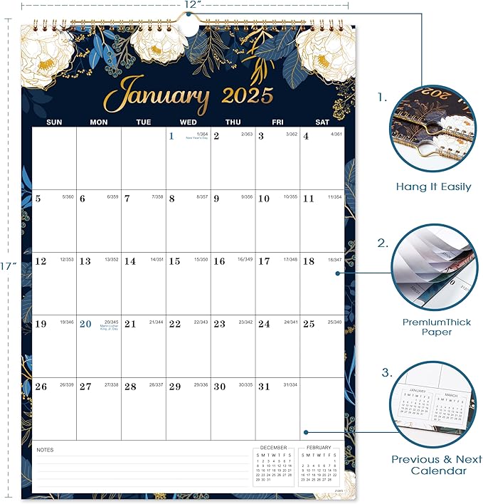 Calendar 2025 - Wall Calendar 2025, 12 x 17 In, Jan. 2025 - Dec. 2025, 12 Months Calendar 2025, Twin-Wire Binding, Hanging Hook, Thick Paper, Unruled Blocks, Julian Dates