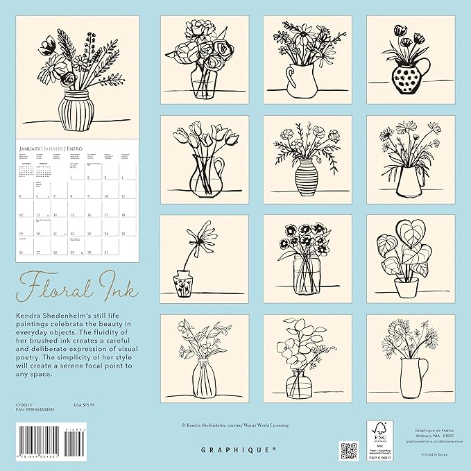Graphique 2025 Floral Ink Wall Calendar | 12” x 12” | Thick Paper | Home & Office Organizer | Large Monthly Grid | 3 Languages & Marked Holidays | 4 Month Preview Page for 2026