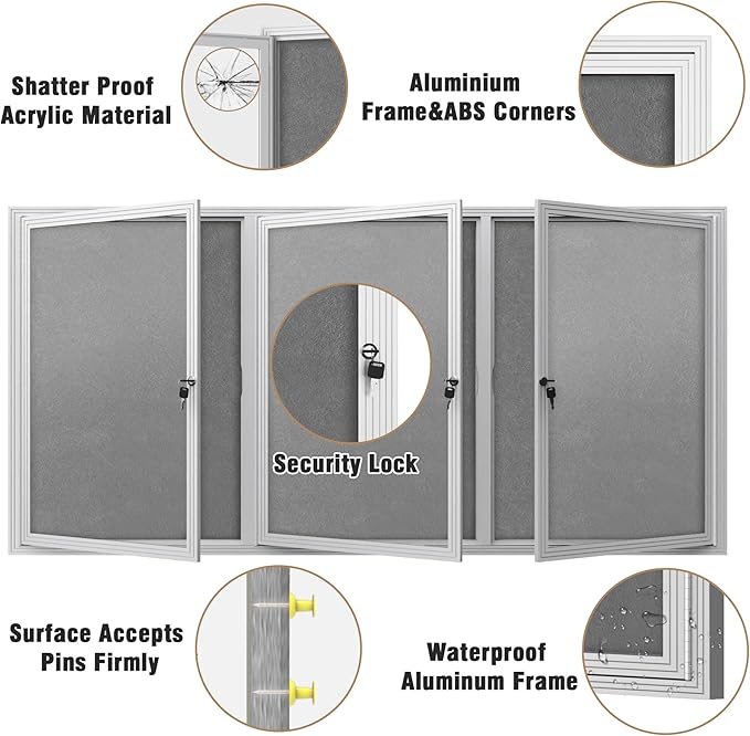 70"x34" Enclosed Bulletin Board, Outdoor Lockable Weather-Resistant Aluminum Cork Noticeboard for School & Office, Silver Frame w/Grey Flet
