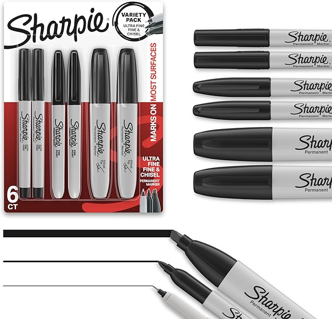 Sharpie Permanent Markers Variety Pack, Featuring Ultra-Fine, Chisel Tip, And Fine Tip Marker Set, Writing And Poster Markers, Black, 6 Count