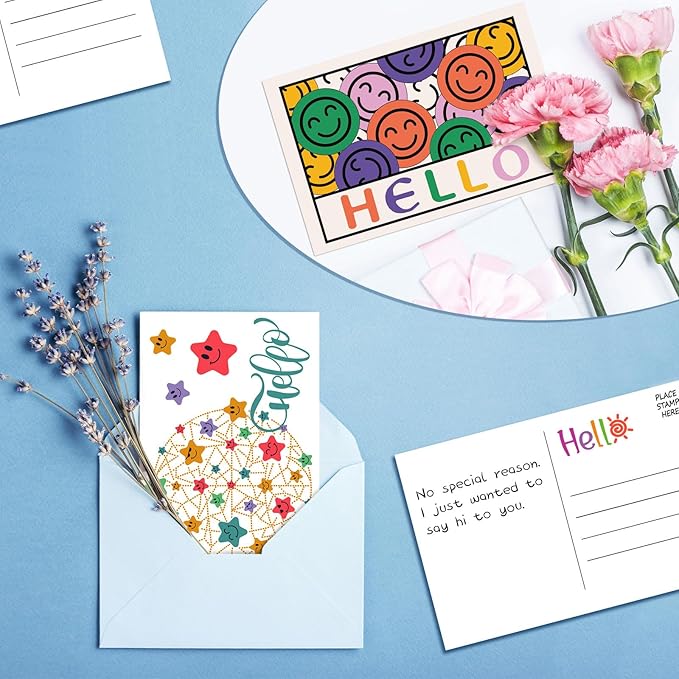 Junkin 80 Pack Hello Postcards Hello Blank Note Cards All Occasion Hello Design Greeting Cards Cute Postcards for Adults Teacher Team Employee Volunteers, 4 x 6 Inch