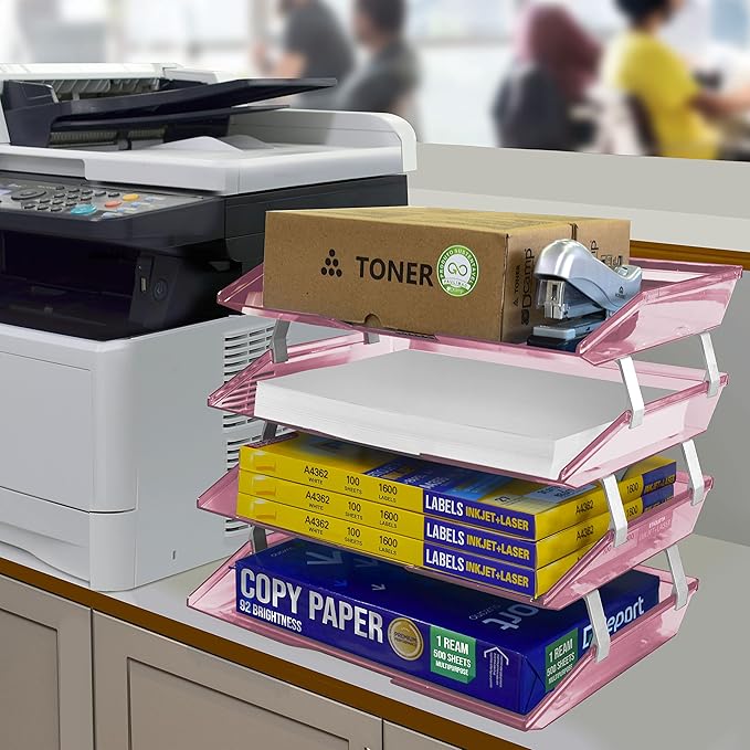 Acrimet 4 Tier Side Load Letter Tray Facility, Desktop File Organizer, A4 Letter Size Paper Organizer, Minimalist Storage Solution Paper Tray for Office, Home, Classroom (Plastic, Clear Pink Color)