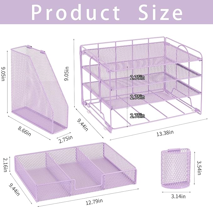 Desk Organizers and Accessories, Paper Letter Tray File Organizer with Drawer and 2 Pen Holder, Classroom Office Supplies Decor Desk Accessories Workspace Desktop Organizer for Women(Purple)