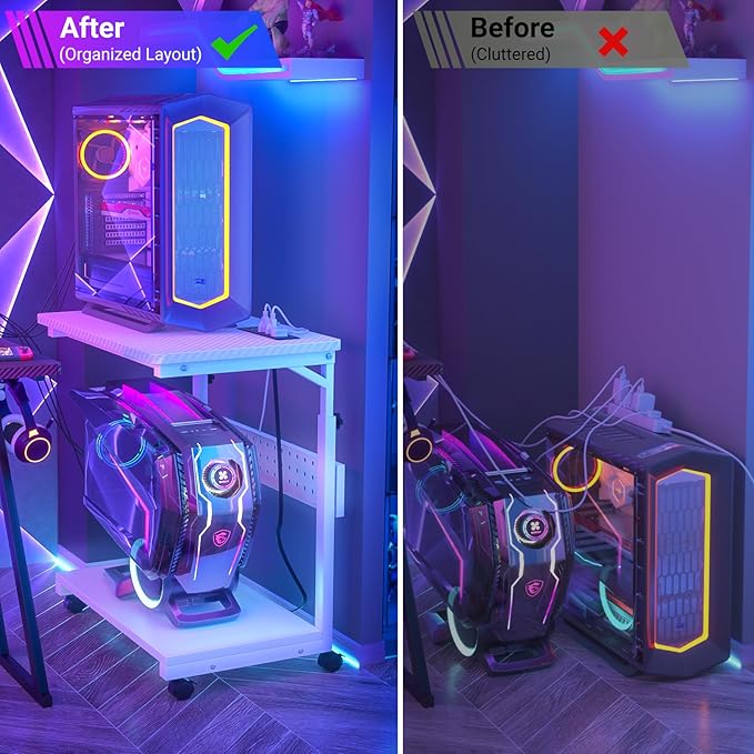 Computer Tower Stand with Power Strips, Height Adjustable PC Tower Stand/Cart with Wheels, Mobile Rolling CPU Holder, Computer Cart Side Stand for Computer Desk, 24", Carbon Fiber White