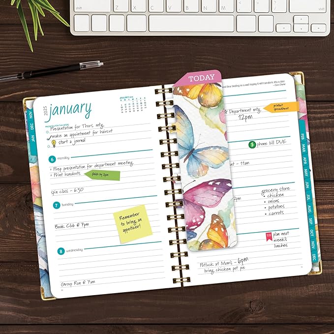 HARDCOVER 2025 Planner, 5.5"x8": 14 Months (November 2024 - December 2025), Daily Weekly Monthly Planner, Yearly Agenda, Bookmark, Pocket Folder and Sticky Note Set (Watercolor Butterflies)