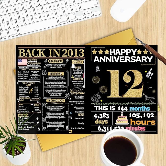 Joycard 12th Anniversary Card for Women Men, Gold Wedding Card for Wife Husband, Sweet Marriage Decorations Gifts for Couple, Perfect for Her Him on Anniversary Day, Back in 2013