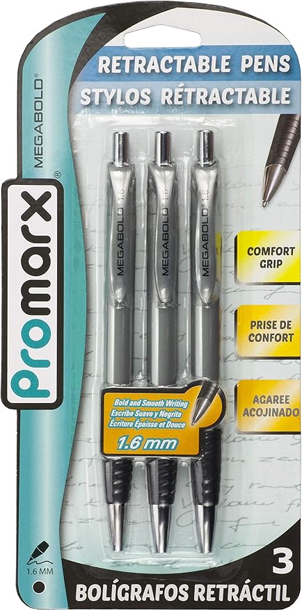 Promarx Megabold Retractable Ballpoint Pens with Comfort Grip, 1.6 mm, Black, 3 Count